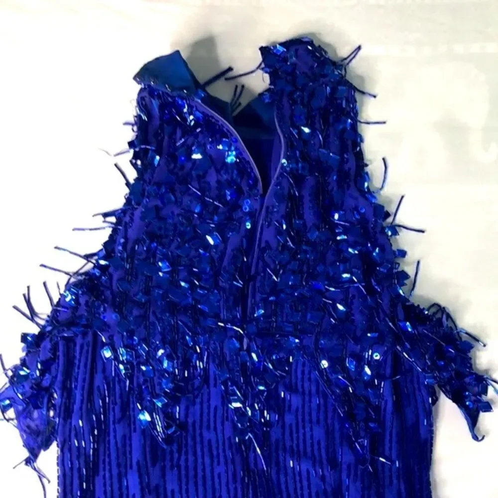 NiteLine by Della Roufogali Blue Silk Beaded Evening Gown Vintage Formal Dress 6
